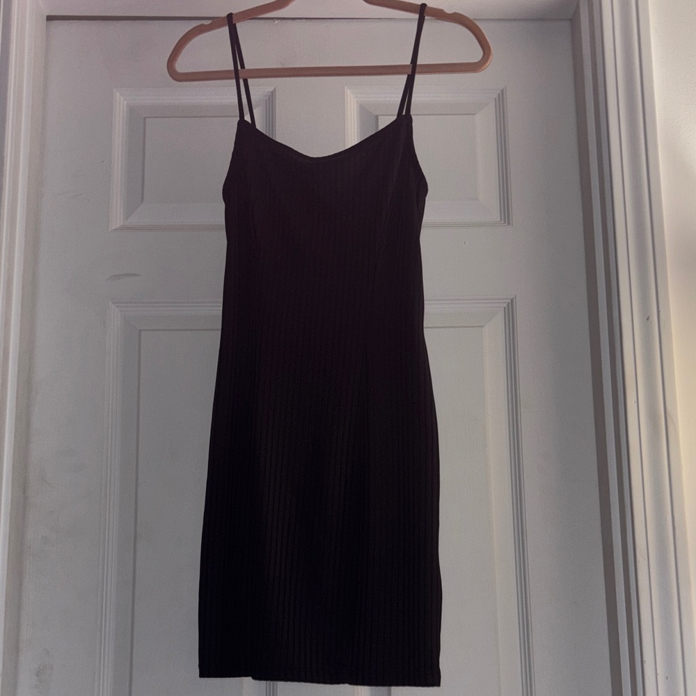 Chic Ribbed Black Spaghetti Strap Mini Dress